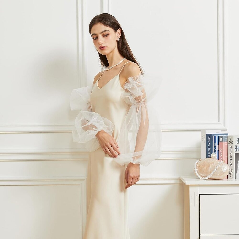 Women's White 2 Satin Tulle Ruffled Puff Long Gloves Banquet Wedding Party - Picture 6 of 7